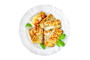 halloumi fried cheese fresh basil meal food snack on the table copy space food background rustic top view