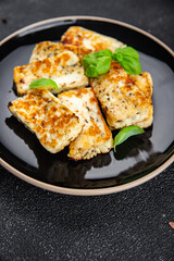 halloumi fried cheese fresh basil meal food snack on the table copy space food background rustic top view