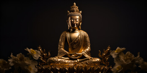 Antique Buddha metal statue, Buddha golden, Brass statue decorated with lotus blossoms on a black background. Meditation and zen concept, Lotus Blossom Decorated Statue, generative AI