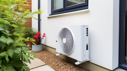 Air source heat pump installed in a residential building, providing sustainable and clean energy for a modern home background. Generative AI