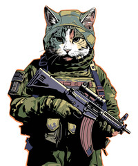 Obraz na płótnie Canvas Cat in military uniform and weapons in vector art style