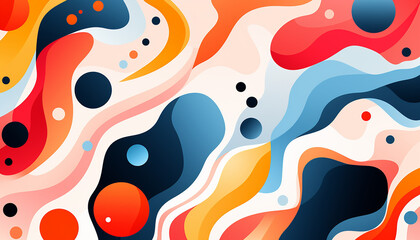 Artistic abstraction with colorful circles and flowing lines.Modern, futuristic illustration of multicolored abstract background. Minimalist wall art. Simple stylish abstraction