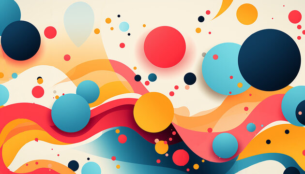 Artistic abstraction with colorful circles and flowing lines.Modern, futuristic illustration of multicolored abstract background. Minimalist wall art. Simple stylish abstraction © Vagengeim