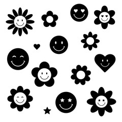 Black and white groovy clip art vector elements, smiley faces and flowers retro illustration