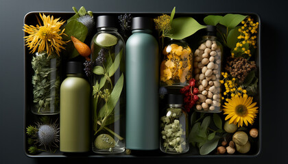 Frosted and clear biodegradable bottles and jars are surrounded by plant materials such as grass, seeds, flowers and leaves. Organic herbs and spices are laid out on surface. Bio-healthy food option