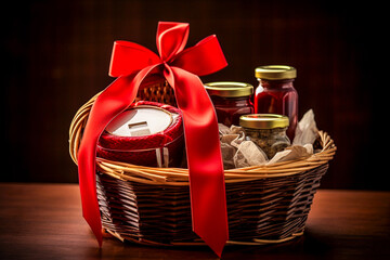 Panier cadeau rempli de bocaux de produits du terroir et produits gastronomiques avec ruban rouge