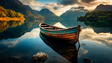 Old wooden boat on water at mountains.Amazing Nature Landscape.
