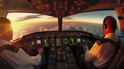 Pilots fly the plane. View from the cockpit of a modern passenger plane on the clouds behind the aircraft window. Generative Ai