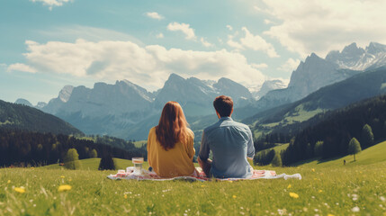 Fototapeta premium Romantic Young Couple Enjoying Picnic with Scenic View of Green Meadows in Dolomites Alps