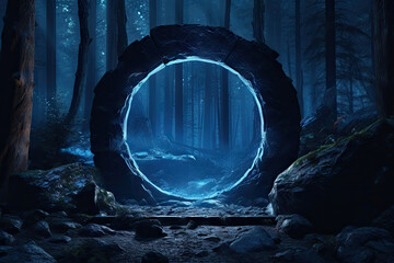 Abstract portal stone gate with neon circle glowing light in the dark wood forest space landscape of cosmic, rocky mountain stone field, spectrum light effect, with Generative Ai. - obrazy, fototapety, plakaty