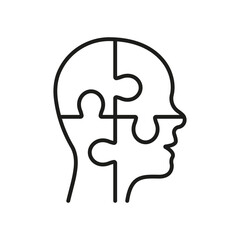Solution in Human Head Line Icon. Person's Brain and Jigsaw, Creation Idea Concept Linear Pictogram. Thinking Intellectual Process Outline Symbol. Editable Stroke. Isolated Vector Illustration
