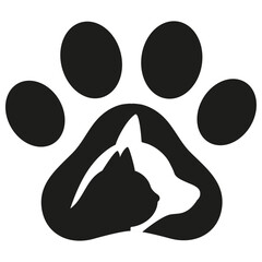 Animal care logo illustration.Dog and cat head silhouette on paw background