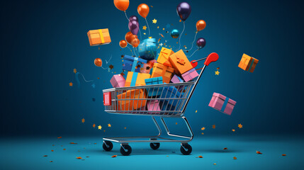 Black Friday Sale Concept: Shopping Cart Full of Colorful Gift Boxes and Confetti on Blue Background