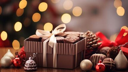 Fototapeta na wymiar delicious chocolate in a Christmas scene. Giftbox