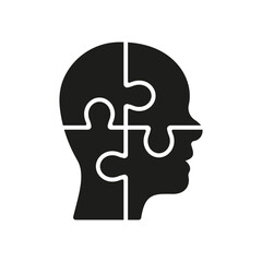 Puzzle in Human Head Solution Concept Silhouette Icon. Creation Idea, Person's Brain and Jigsaw Pieces Glyph Pictogram. Brainstorm Intellectual Process Solid Symbol. Isolated Vector Illustration
