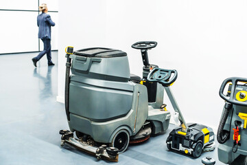 Equipment for washing floors in large rooms. Foreground. selective focus