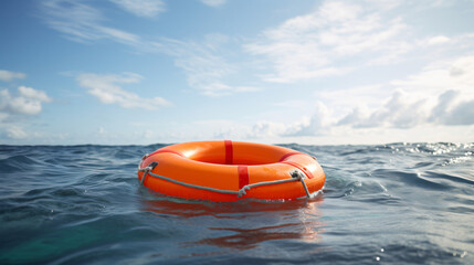 Safety equipment: Life buoy or rescue buoy floating on the ocean, prepared to save individuals at risk of drowning.

Generative AI