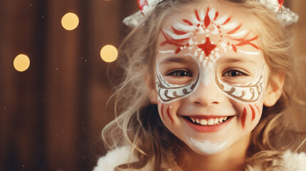 Portrait of little girl with Christmas face painting. Xmas face art