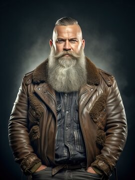 Senior male with leather jacket and hipster hairstyle and beard, generative ai