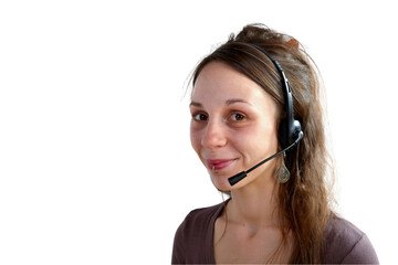 portrait of voman customer support operator with headset and smiling 