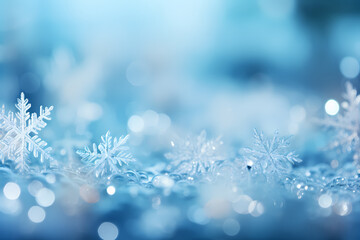 Fototapeta na wymiar Christmas background with snowflakes on a blue bokeh background AI Generative