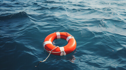 Safety equipment: Life buoy or rescue buoy floating on the ocean, prepared to save individuals at risk of drowning.

Generative AI - obrazy, fototapety, plakaty