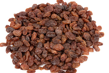 Top view of a pile of sweet raisins on a white background.