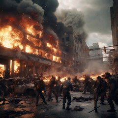 Illustration of a city destroyed by bombs, the effects of war There are zombies all over the city. generative AI