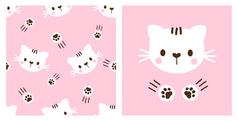 Seamless pattern with paw prints and cat kitten cartoons on pink background vector illustration. Cute childish print.