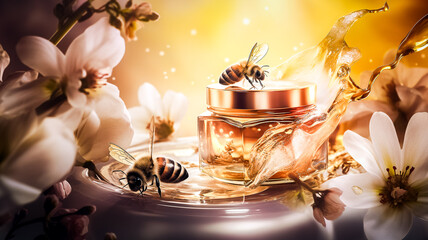 Pot de crème de soin à la gelée royale présenté avec abeilles et fleurs blanches - obrazy, fototapety, plakaty