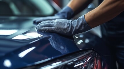 The man holds the microfiber in hand and polishes the car