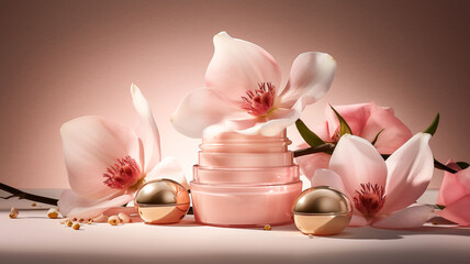 Pot de crème de soin présenté avec fleurs roses