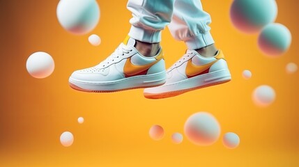 Flying trendy sneakers on creative colorful background, Stylish fashionable minimalism - obrazy, fototapety, plakaty