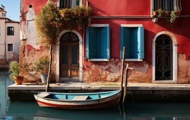 Fototapeta na wymiar Color European house around by river with boat