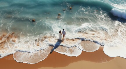 Beach couple walking on romantic travel top view