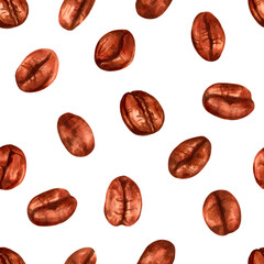 Seamless pattern from coffee beans.Production, harvesting. International coffee day. Watercolor and marker illustration. Hand drawn art.