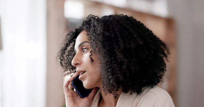 Office, time check and a woman on a phone call for communication, appointment or business. Work, corporate and an employee speaking on a mobile while reading from a watch for a schedule or discussion