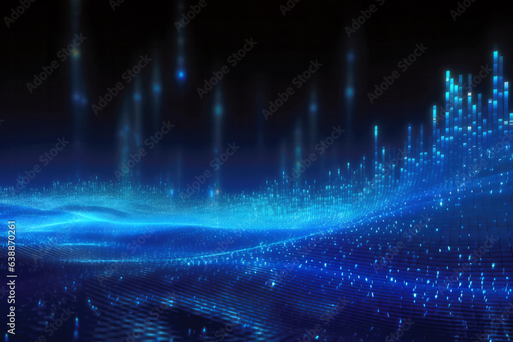 Poster digital ocean with blue waves of computer code, abstract futuristic background in blue, ai generated
