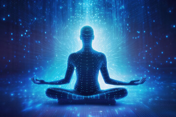 Fototapeta na wymiar A man silhouette in meditation pose filled and surrounded with binary code, representing the fusion of human consciousness and digital data. Generative AI illustration