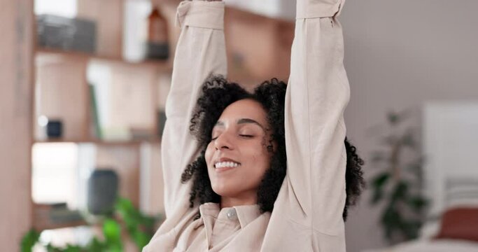 Relax, stretching and woman at laptop, working on online report or completed project with job well done. Satisfaction, rest and businesswoman at desk with smile, achievement and typing at computer.