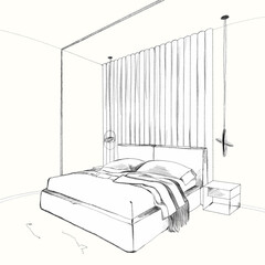 Pencil drawing, interior design, bedroom sketch, modern