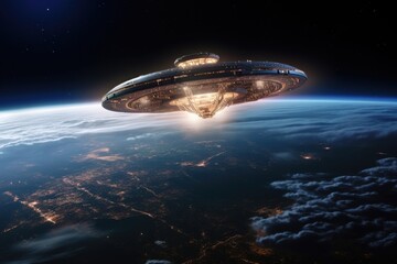Obraz premium UFO, flying saucer over the planet Earth in high resolution. Photo from space.