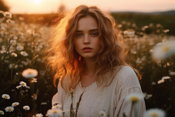 Beautiful young woman in chamomile field at sunset