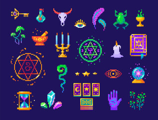Pixel art mystical icons set. Esotericism and mysticism, occultism. Pixelated cartoon elements about witchcraft and sorcery, 8 bit retro style vector illustration