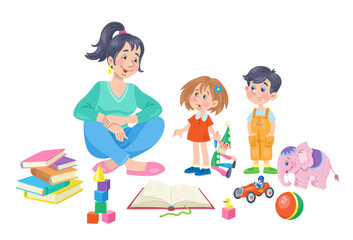 Children want to play with toys. Mom wants to read them an interesting book. In cartoon style. Isolated on white background. Vector flat illustration