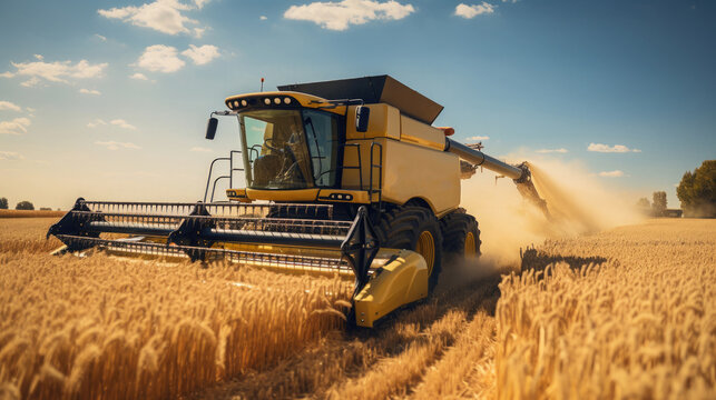 Generative AI, a large combine harvester rides through a wheat field, agricultural transport, autumn harvest, agricultural machinery, agrarian industry, grain harvesting