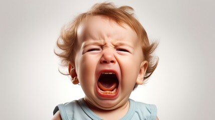 a close up photo of a cute little baby boy child crying and screaming isolated on white background.