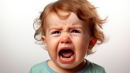 a close up photo of a cute little baby boy child crying and screaming isolated on white background.