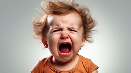 a close up photo of a cute little baby boy child crying and screaming isolated on white background.