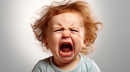 a close up photo of a cute little baby boy child crying and screaming isolated on white background.